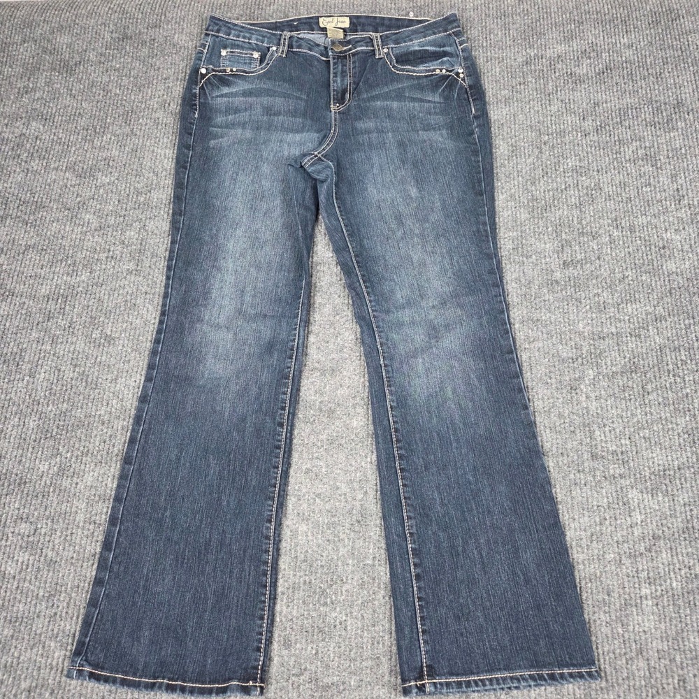 Earl Jean Women 12 Dark Wash Bootcut Rhinestone Wing Embroidered Pocket Jeans